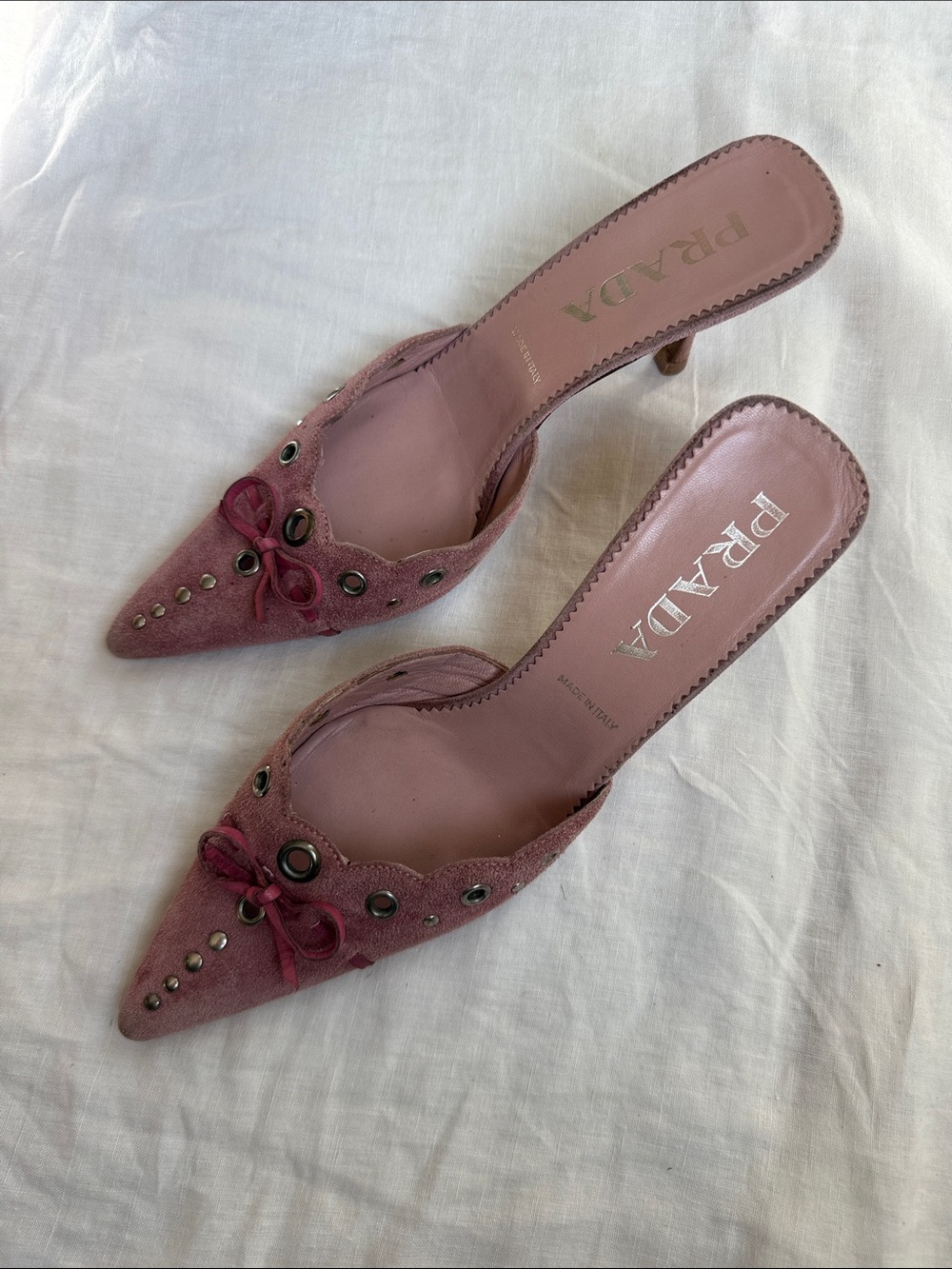 Prada Rose Pink Suede Pointed Mules with Grommet Detail - Picture 5 of 5